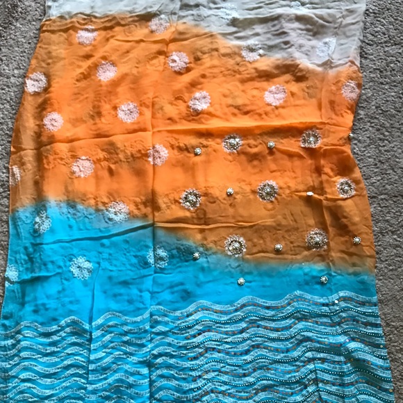 Blue and Orange and Beige Georgette Sari - Picture 2 of 6